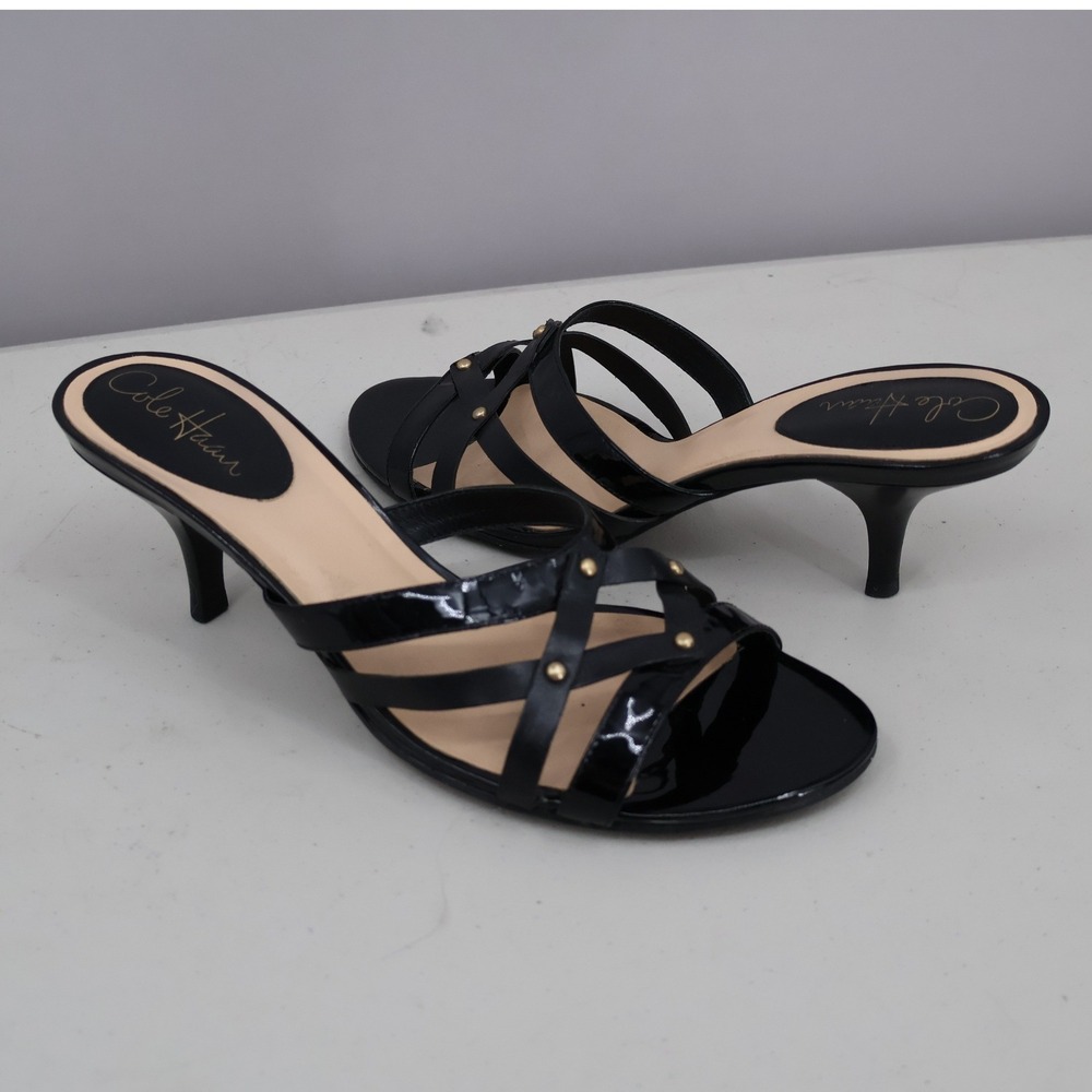 Cole Haan Strappy Kitten Heel Leather Sandals Women 9 Black Studded Cocktail